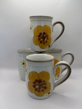 Denby Minstrel Coffee Mugs Vintage Yellow Floral Set of 4